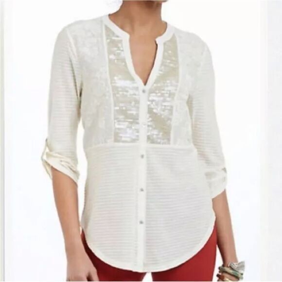Tiny Ivory Sequin Embroidered Top Blouse - Picture 1 of 7